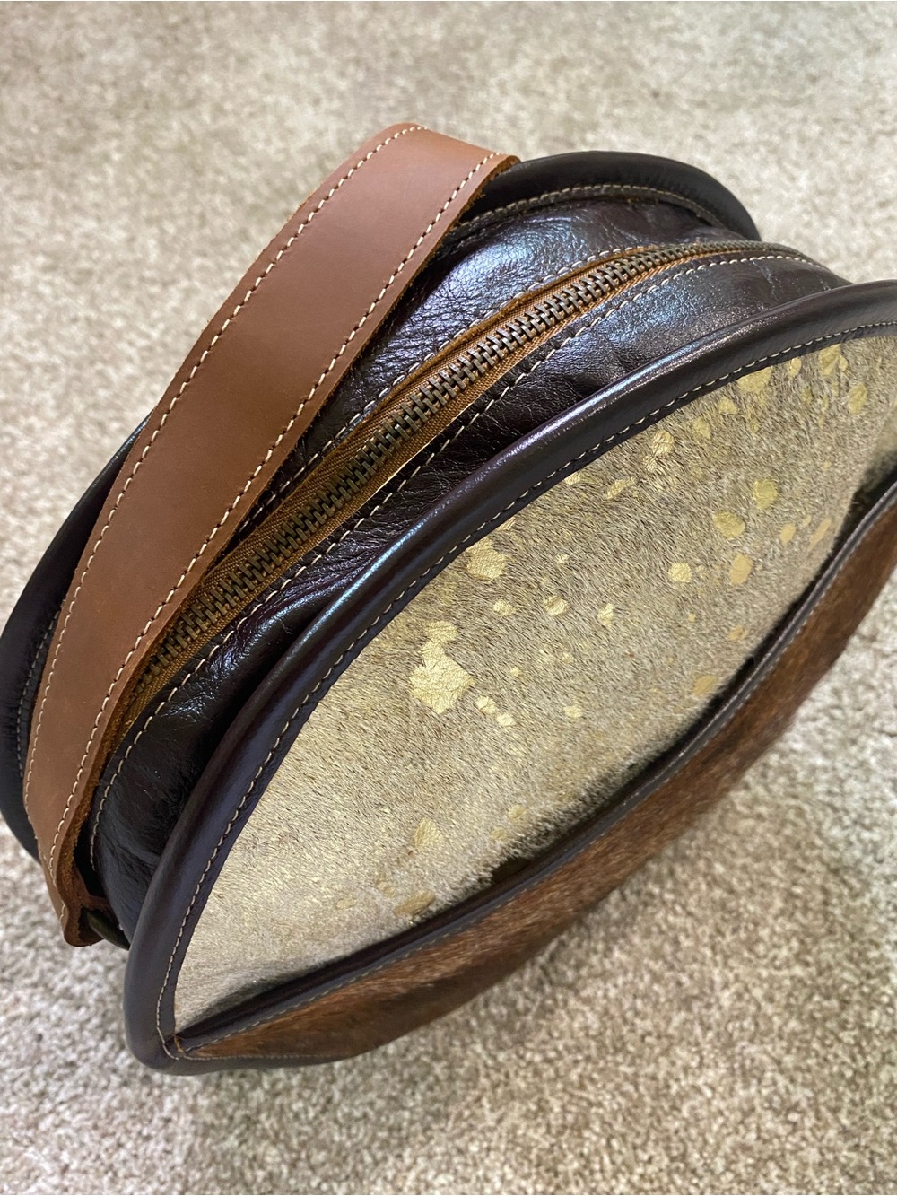 Leather Two-Tone Brown & Beige Calf Hair Round Canteen Crossbody Bag - Picture 4 of 8